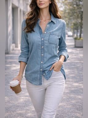 Talbots Denim Button Down Shirt Small Petite 100% Cotton Classic Spring Staple